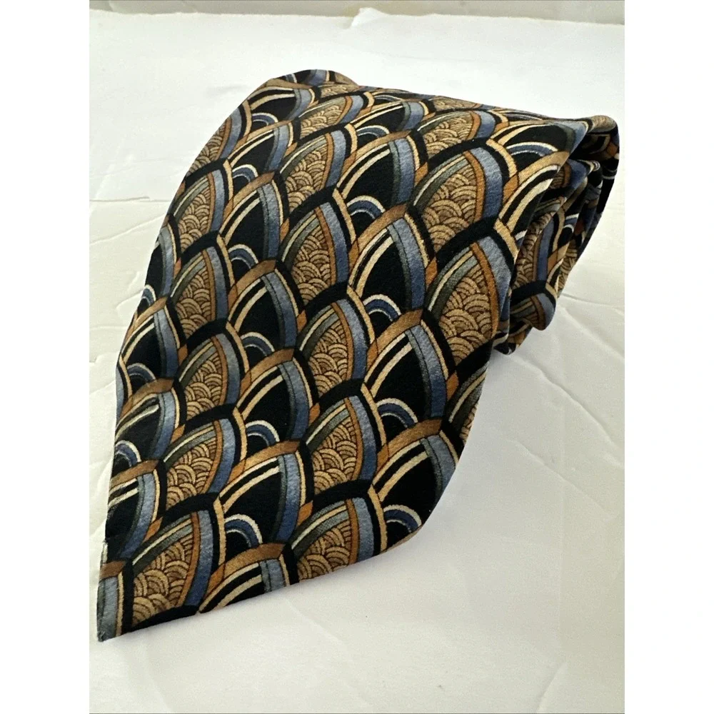 J. Garcia Art-Inspired Silk Tie Blue Gold Geometric Pattern 90s Abstract 3.75x59